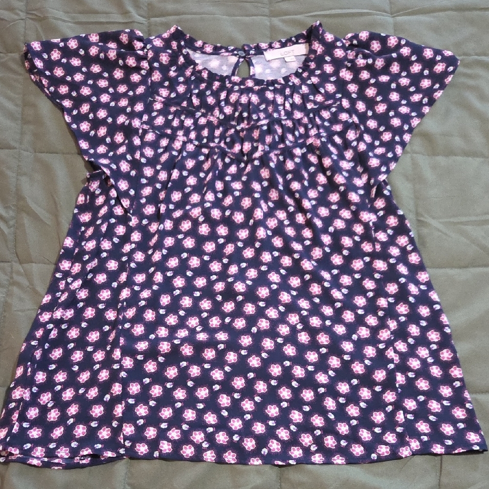 LOFT Navy and Pink Floral Blouse
